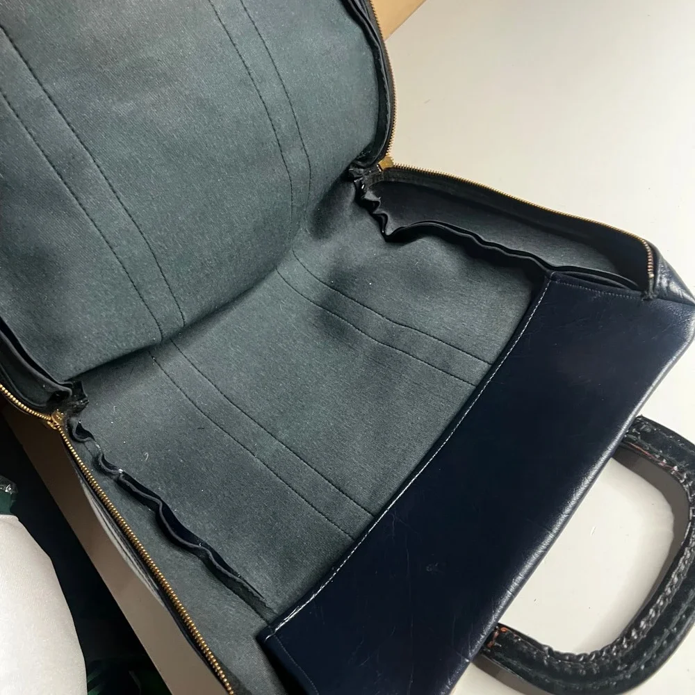 Vintage 70s Navy Blue Faux Leather Briefcase Zippered Document Bag Laptop Case